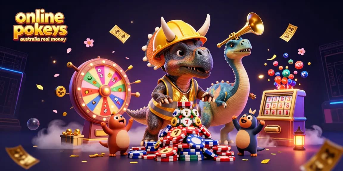 Spin the online pokies Australia real money scene with vibrant characters and dynamic gaming elements.
