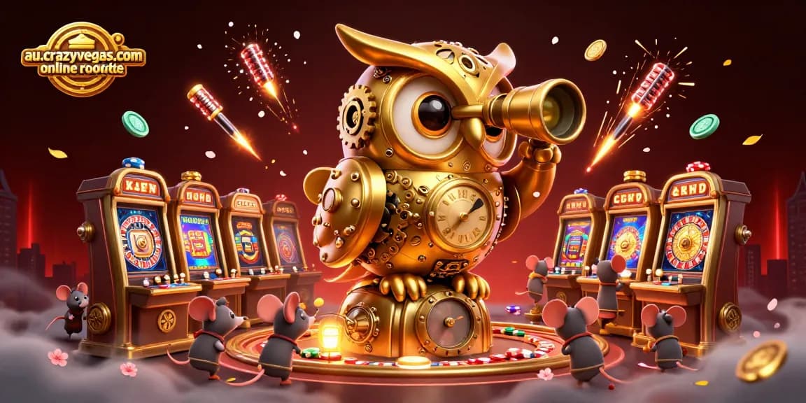 Experience the thrill of au.crazyvegas.com online roulette with a vibrant 3D casino scene featuring an owl and roulette wheels.
