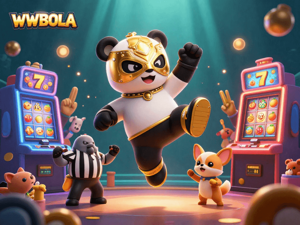 WWBOLA mempersembahkan ilustrasi slot terbaik dengan karakter panda beraksi dan mesin slot berkilau.