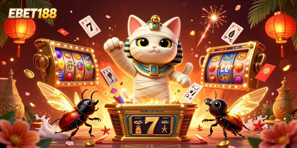 Experience thrilling wins at EBET188 with an illustration of a mummy cat in a casino, celebrating jackpots and excitement.