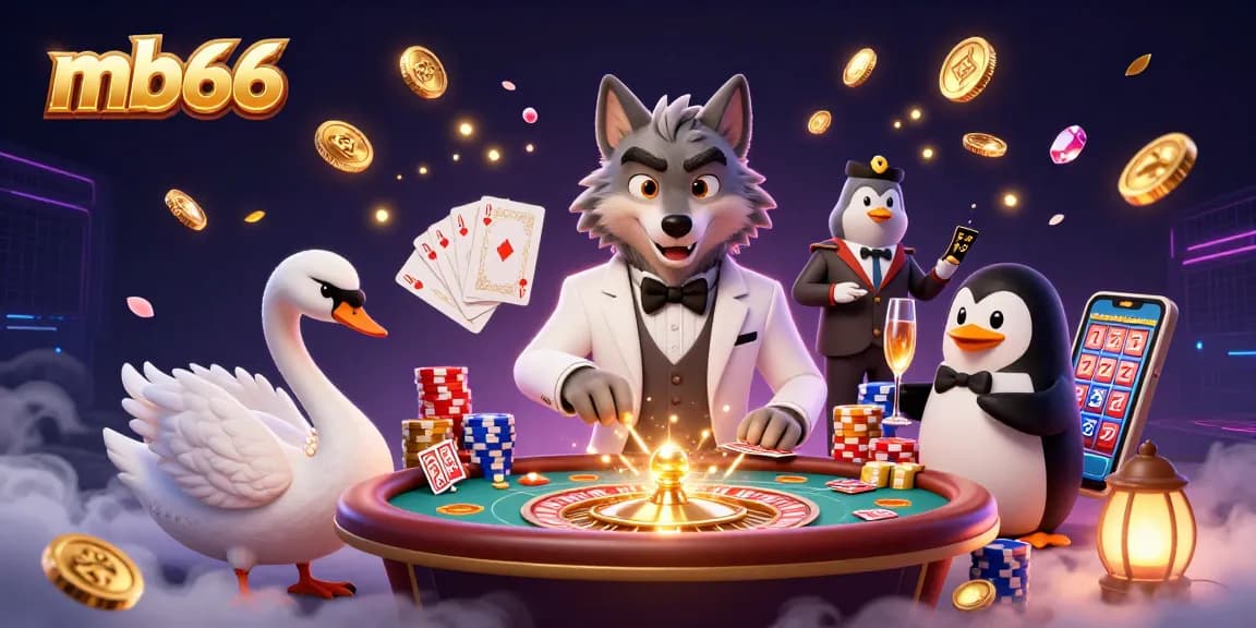 Participate in exciting games at mb66 with an animated wolf, swan, and penguin in a casino scene.