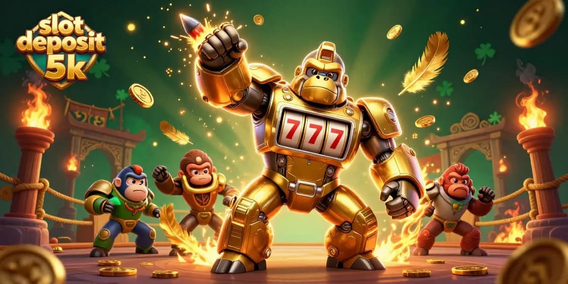 Engage in thrilling gameplay at slot deposit 5k with a dynamic illustration of a gorilla mech slot machine.