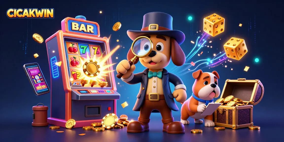 CICAKWIN features a colorful 3D illustration showcasing exciting casino elements and a detective duo exploring gaming treasures.