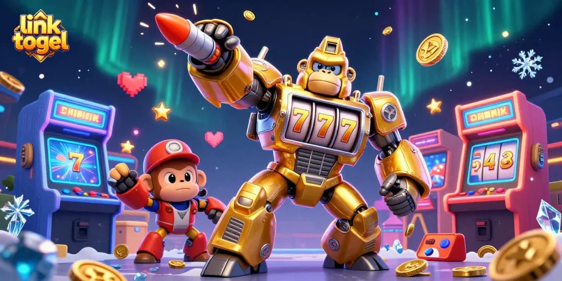 Experience the thrill of link togel with an exciting scene featuring a golden gorilla mech and colorful gaming elements.