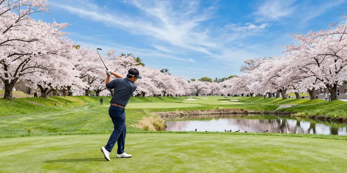Golfer melakukan ayunan di lapangan golf Kato City, bro178, dikelilingi bunga sakura dan suasana damai.