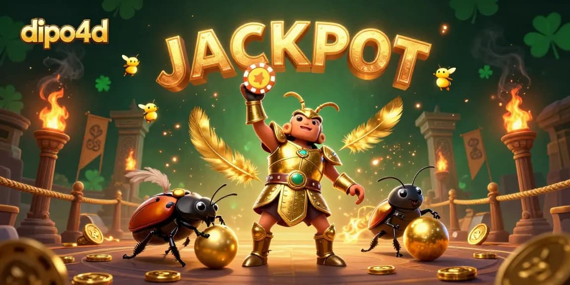 Spin and win at dipo4d with a victorious beetle champion celebrating a poker chip jackpot!