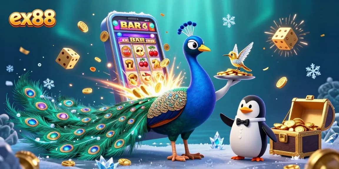 Experience excitement with ex88's vibrant online casino game elements and charming characters in this 3D scene.