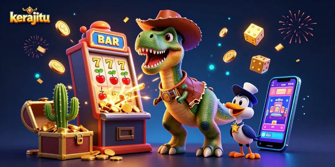 Visualize the kerajitu jackpot excitement with a cowboy T-Rex and golden slot machine burst.