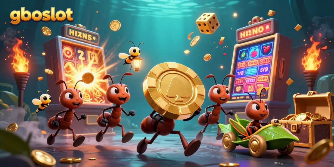 Ant tim 3D gboslot mencuri chip poker emas sambil dikelilingi mesin slot dan simbol keberuntungan.