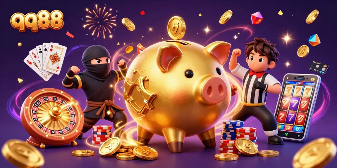 Experience thrilling qq88 gaming excitement with a dynamic piggy bank sumo wrestler and action-packed casino elements.