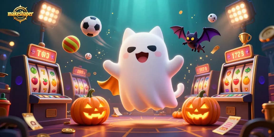 Experience the thrills at makeshaper with a ghost cat and vampire bat in a haunted casino full of slot machines and sports elements.