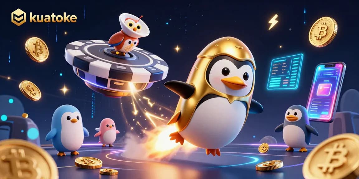 Kuatoke unveils a vibrant casino adventure with a golden penguin navigating a cosmic poker chip station.