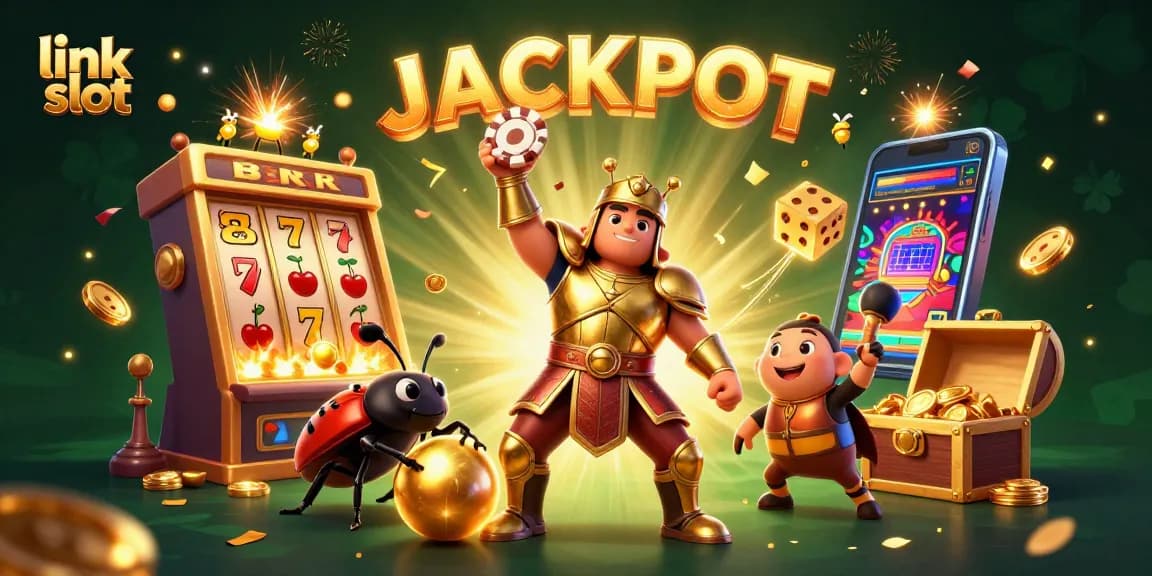 Spin the link slot with a victorious beetle champion amidst a jackpot explosion of gold.