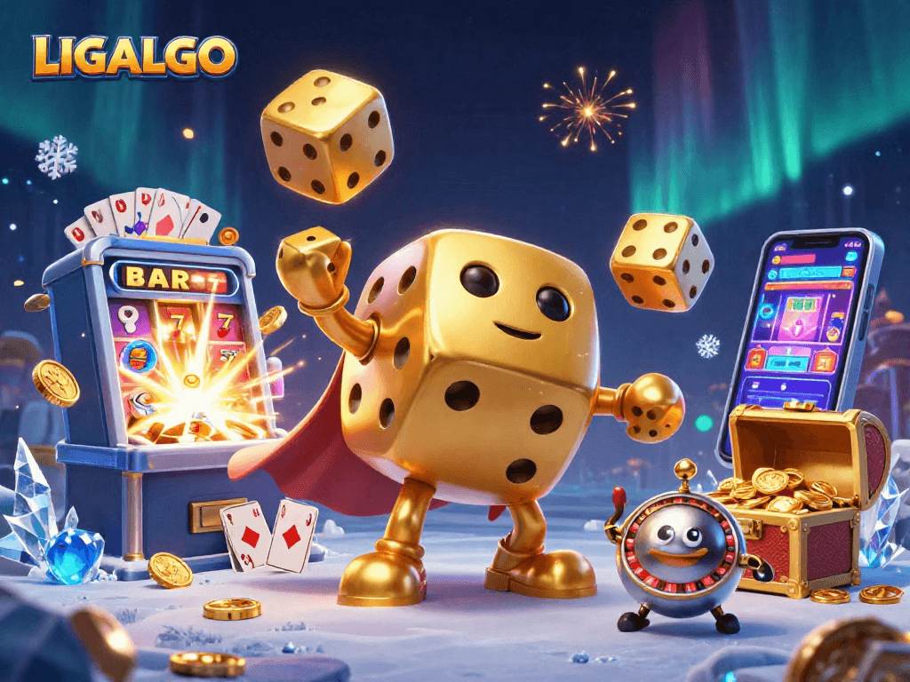 Experience top-tier gaming strategies with LIGALGO's dynamic casino environment featuring golden dice and slot machines.