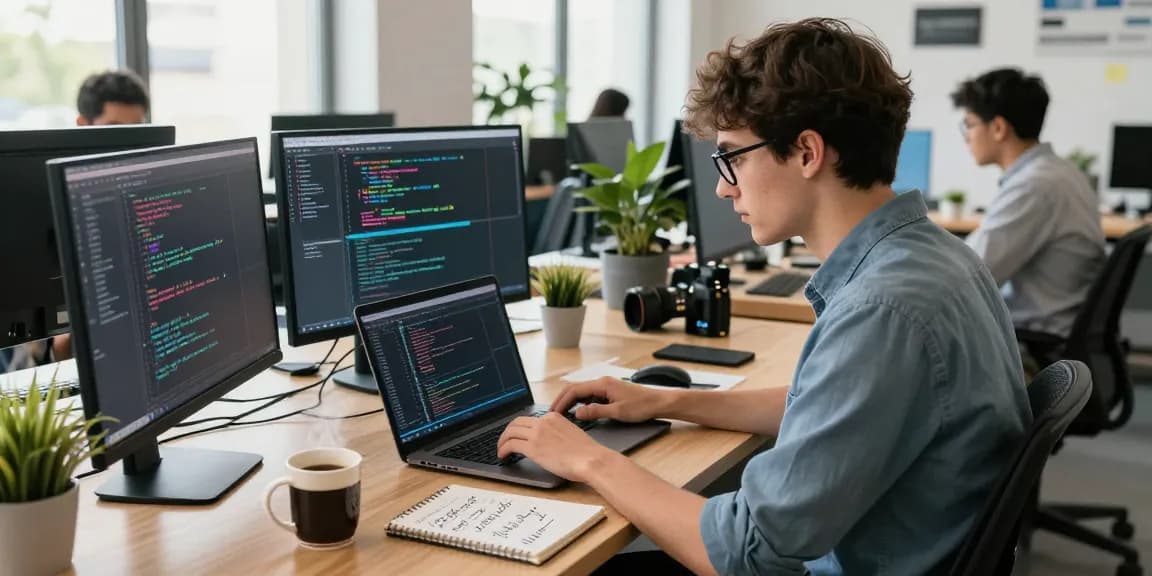 Software developer coding at a modern workspace with sc88 tools, bright natural light, and collaborative atmosphere.