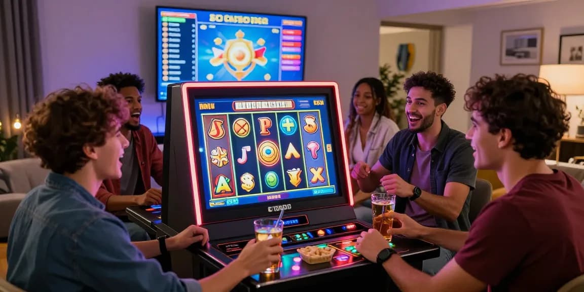 Players enjoying a vibrant online slot experience in a cozy living room.