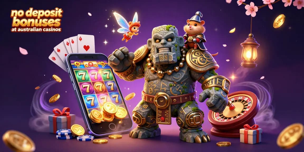 No deposit bonuses at Australian casinos showcased with a magical golem, fairy, and hamster, surrounded by vibrant gaming elements.
