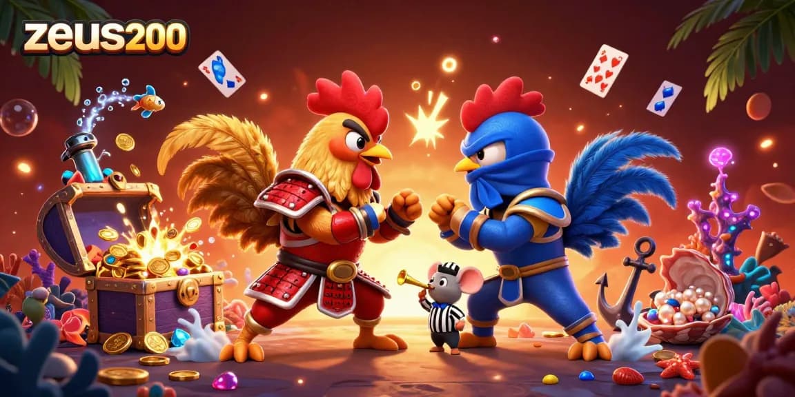 Zeus200 menghadirkan pertarungan ayam dual di arena dengan harta karun dan koin berkilauan.