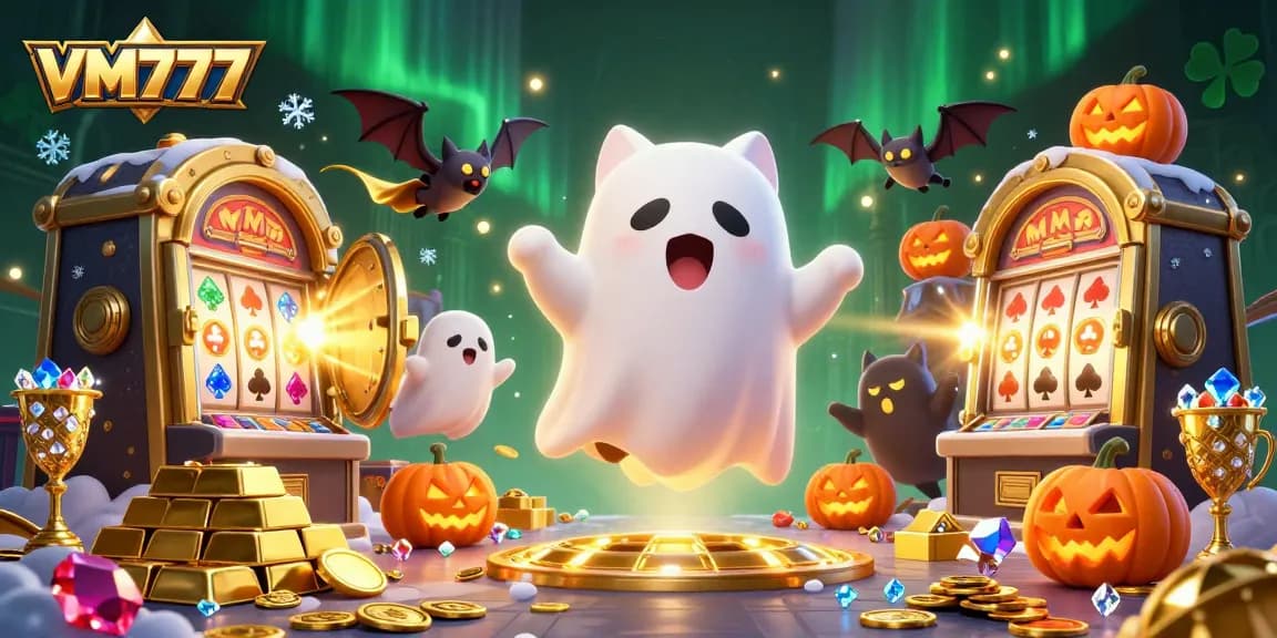 Experience the thrills of VM777 casino with a ghost cat and vampire bat in a vibrant haunted setting.