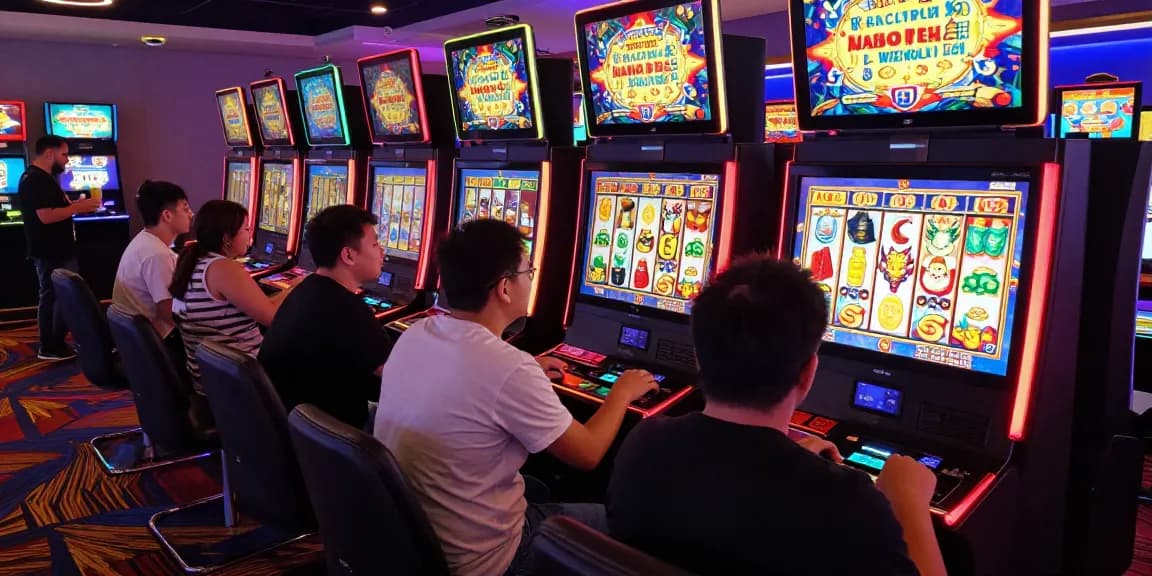 Pengalaman bermain Modal138 di mesin slot yang penuh warna dan semangat, dengan pemain berfokus dan suasana kasino yang meriah.