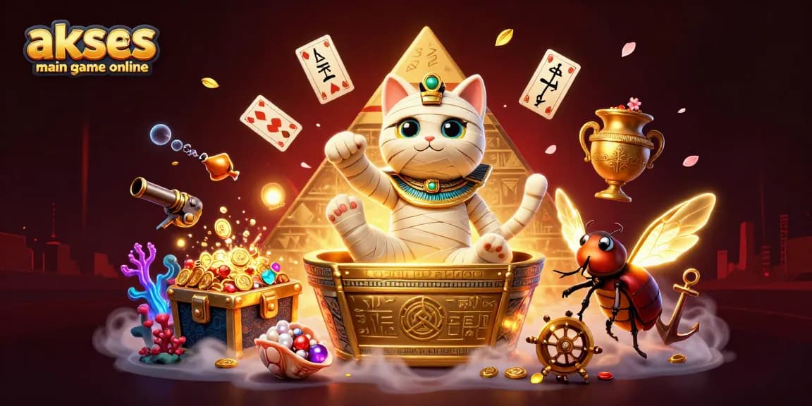 Akses main game online dengan kucing mumi 3D melompat dari sarkofagus emas di kasino piramida