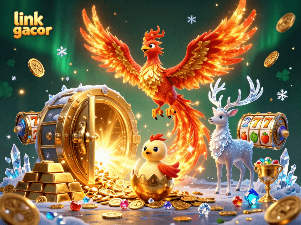 Engage with link gacor for slots, featuring a vibrant phoenix and treasure elements in a casino scene.
