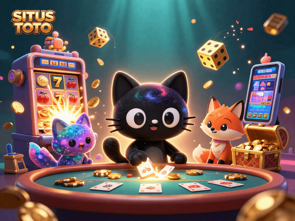 SITUS TOTO menarik pemain dengan ilustrasi kasino 3D yang memikat dan simbol-simbol beruntung.