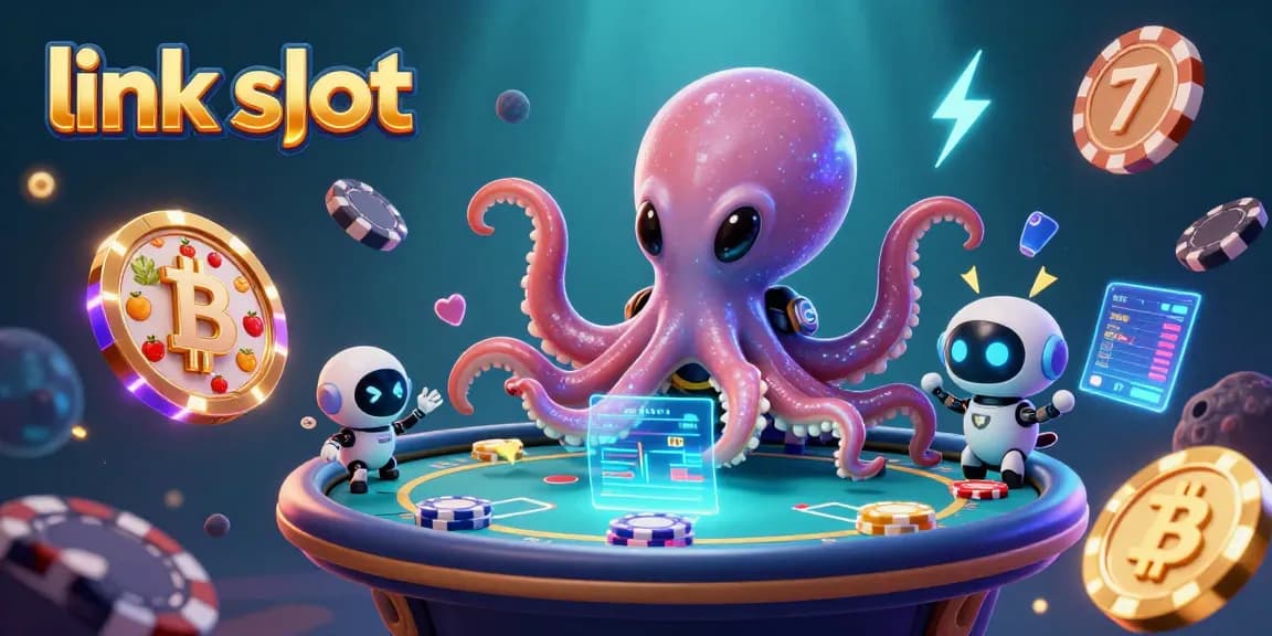 Play link slot with a vibrant alien octopus and dynamic casino elements in a packed 3D scene.
