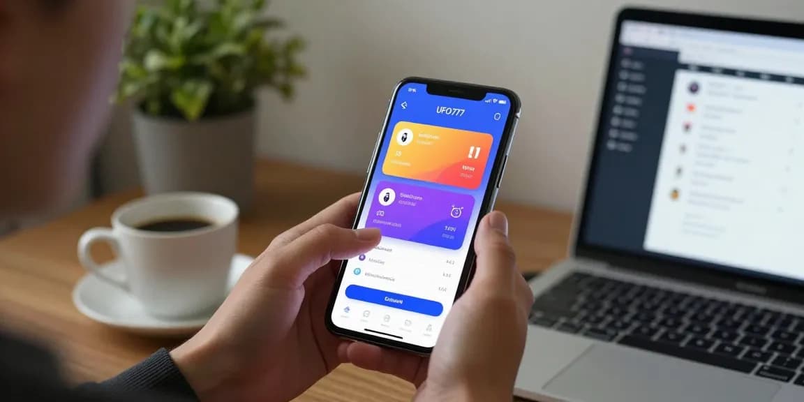 Pengguna mengakses aplikasi UFO777 di smartphone, menunjukkan login dan jadwal pertandingan dari https://ufoapk.id/.