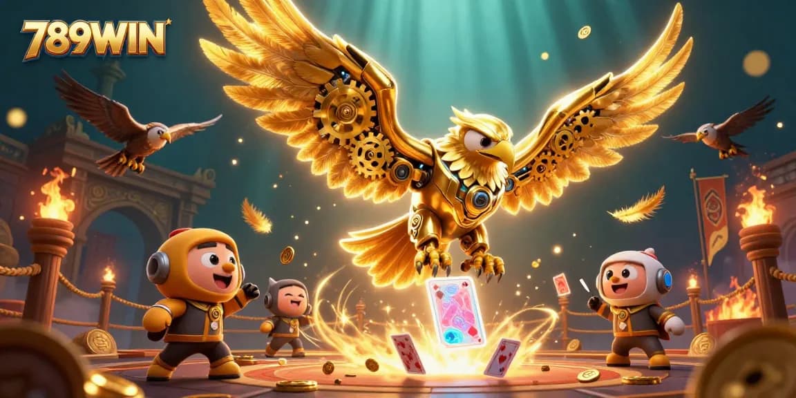 Play exciting casino games and bet on 789WIN with a vibrant 3D illustration of a golden eagle diving through holographic cards.