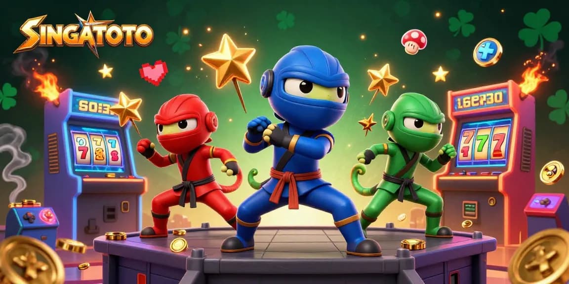 SINGATOTO menunjukkan chameleon ninja 3D bertarung di atap kasino dengan slot dan koin emas bersinar.