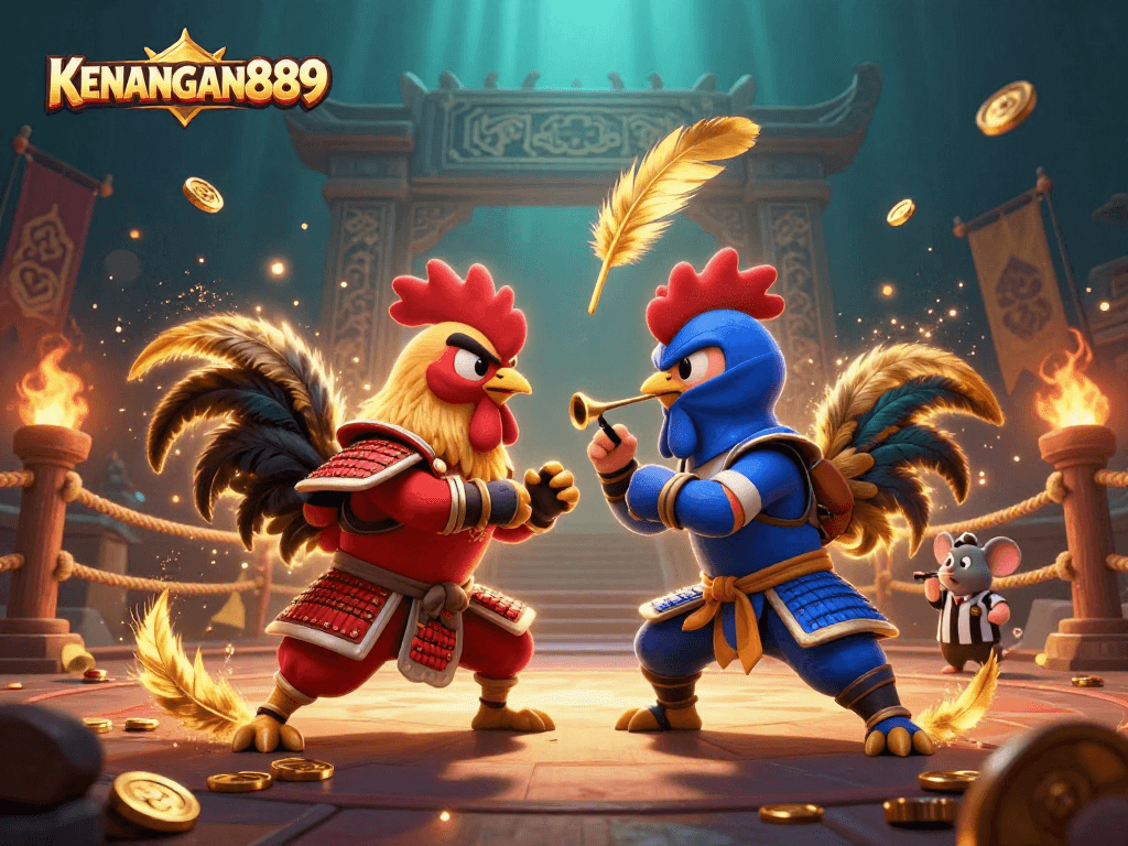 Explore exciting gameplay with KENANGAN889 as fighting roosters clash in a colorful casino arena.