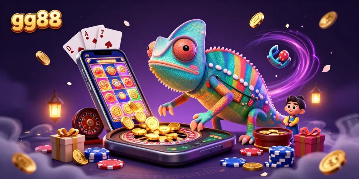 Experience gg88's vibrant casino scene with a chameleon owner, golden coins, and colorful slot games.