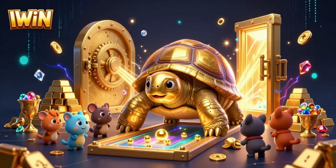 IWIN brings excitement with a colossal tortoise pinball machine and treasure in a vibrant casino scene.