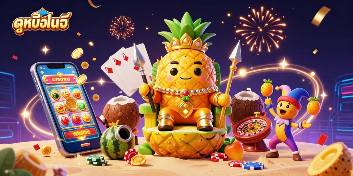 Engage with ดูหนังออนไลน์ while enjoying a vibrant casino scene featuring a golden pineapple king and jester.