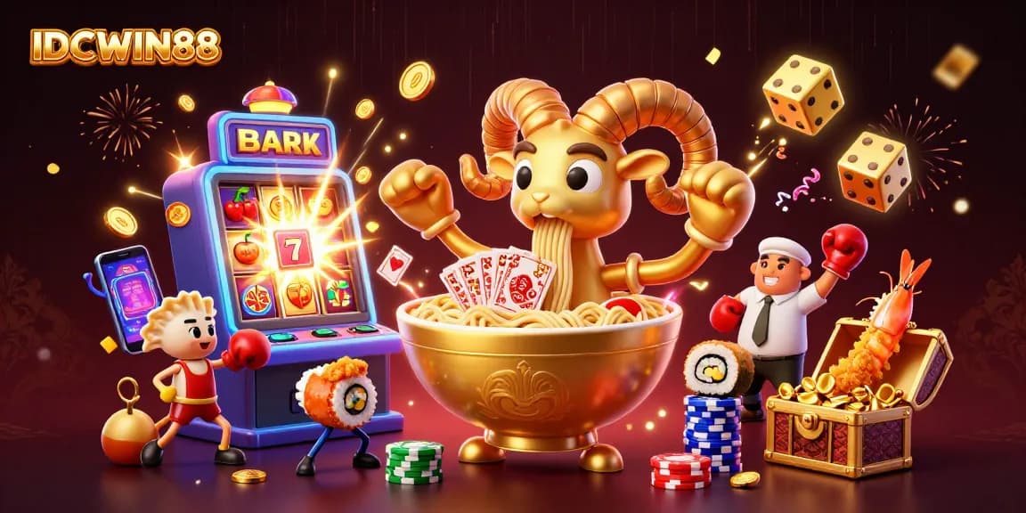 IDCWIN88 showcases a vibrant casino scene with a giant ramen bowl dealer and a jackpot explosion.
