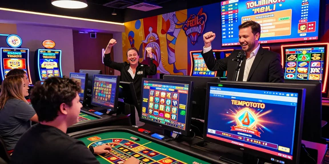 tempototo online gambling scene with players celebrating at virtual casino