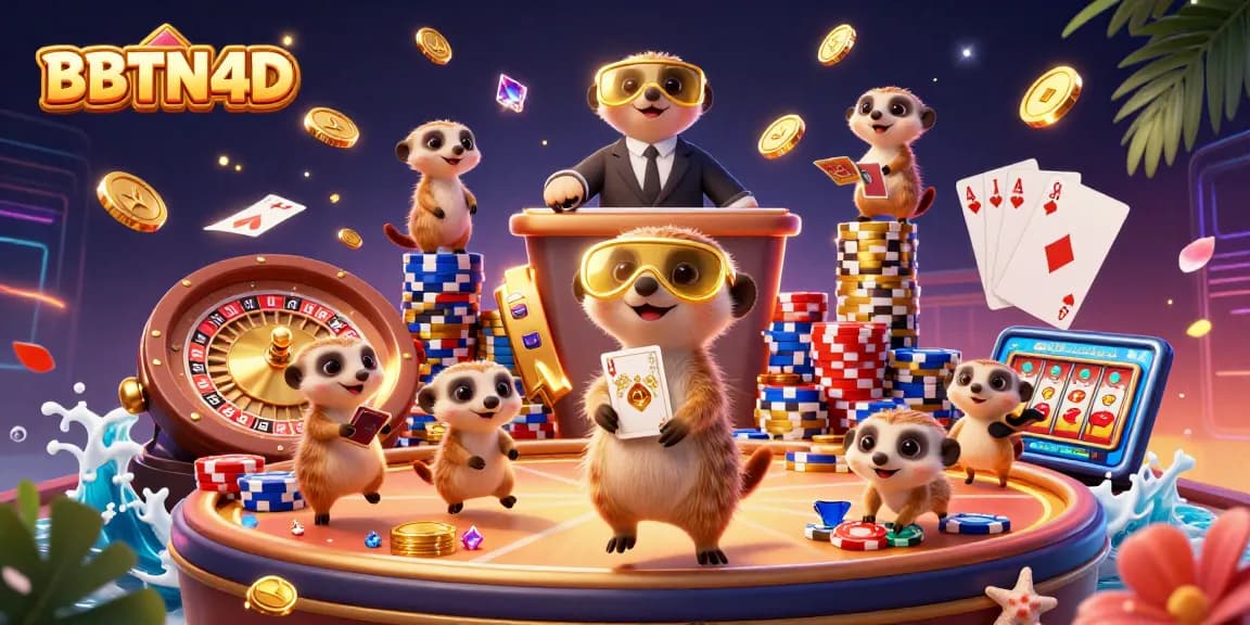 BBTN4D hadir dalam ilustrasi kasino dengan meerkats, menampilkan permainan slot dan roulette interaktif.
