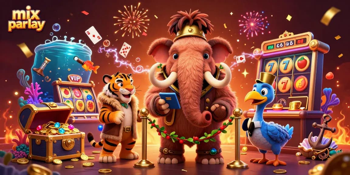Permainan mix parlay seru di COLOKSGP dengan karakter menarik dan simbol kasino yang berkilauan.