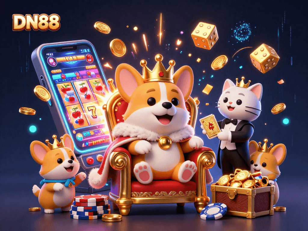 Experience exciting casino gameplay with DN88's royal corgi and vibrant slot machines.