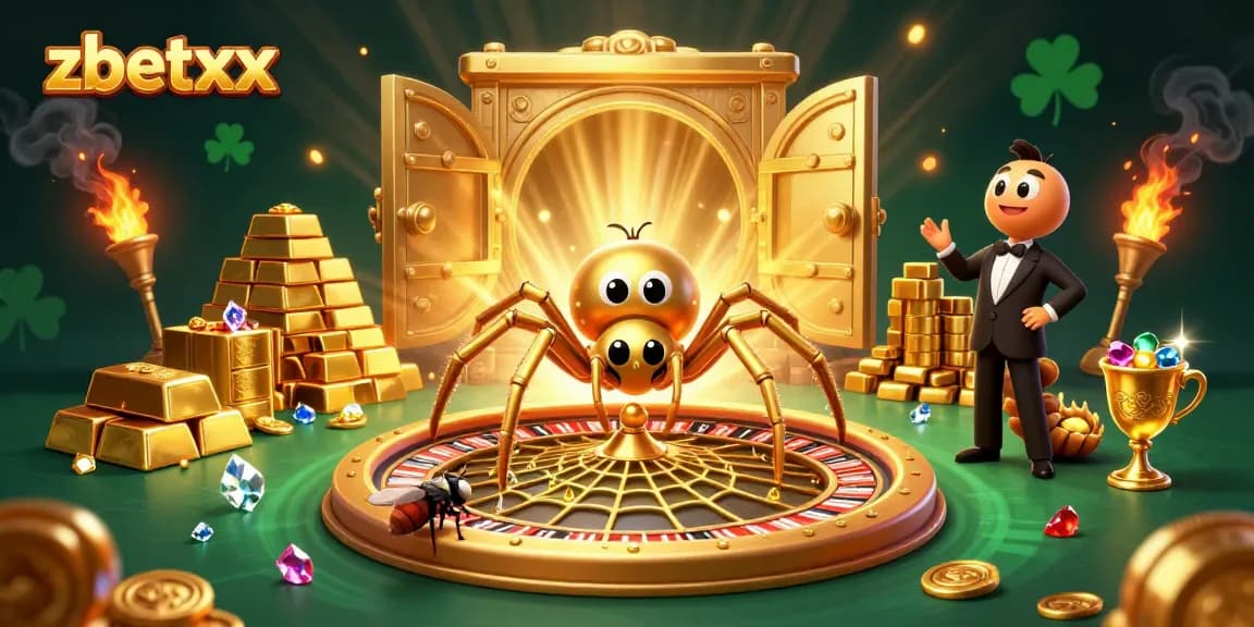 Experience the thrill of zbetxx as the golden spider spins a roulette wheel web amidst treasures.