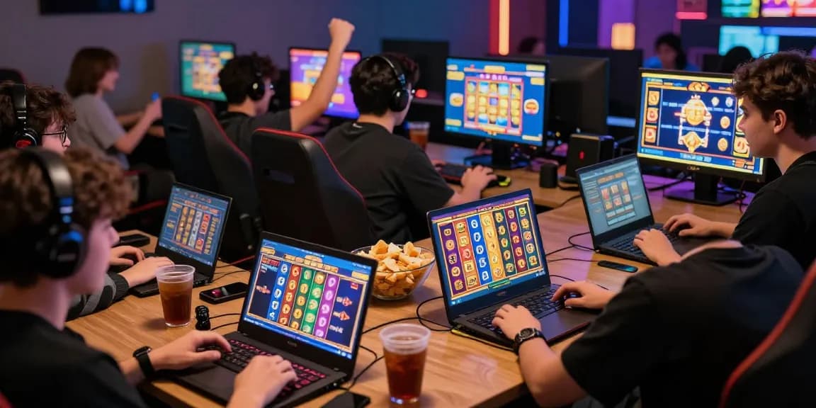 Players enjoying situs slot gacor games in an exciting online gaming lounge environment, showcasing modern technology and camaraderie.