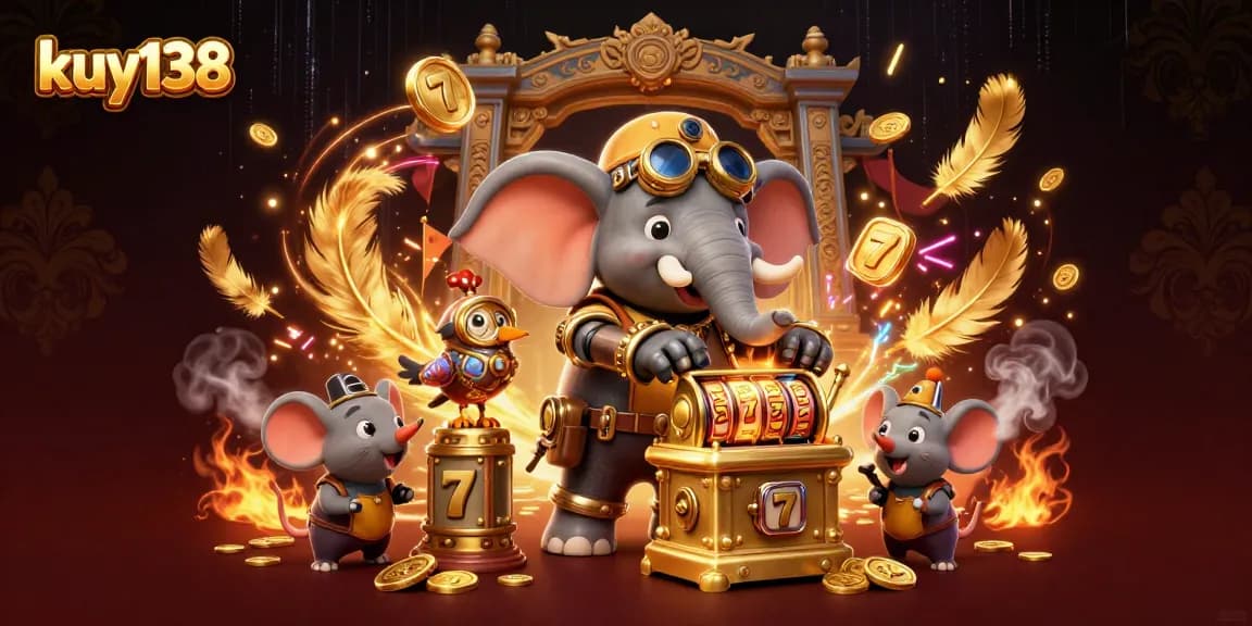 Mainkan kuy138 dengan mesin slot emas dalam ilustrasi kasino yang megah dan dinamis.