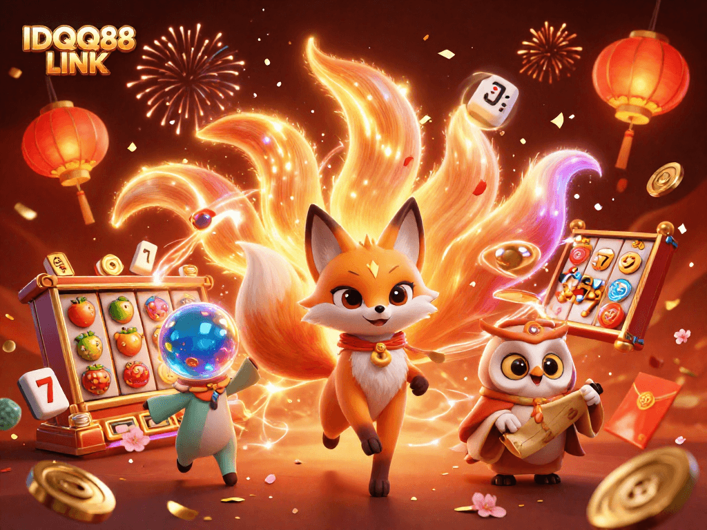 Spin the reels and enjoy vibrant wins with IDQQ88 LINK in this festive casino scene.