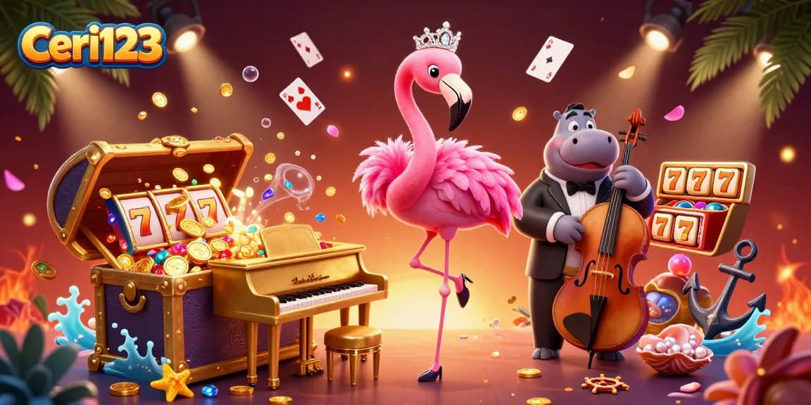 Ceri123 showcases a lively 3D casino scene with vibrant characters and engaging slot elements.