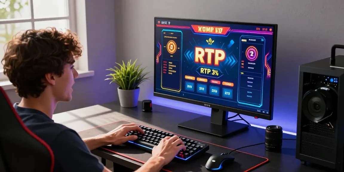Engaged player exploring RTP slot game on modern gaming setup, highlighting user experience and gaming excitement.