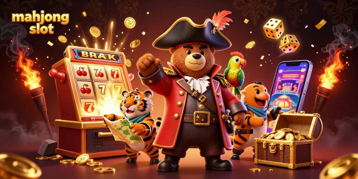 Captivating scene of mahjong slot action with a pirate captain bear, a fierce tiger, and gold coins exploding.