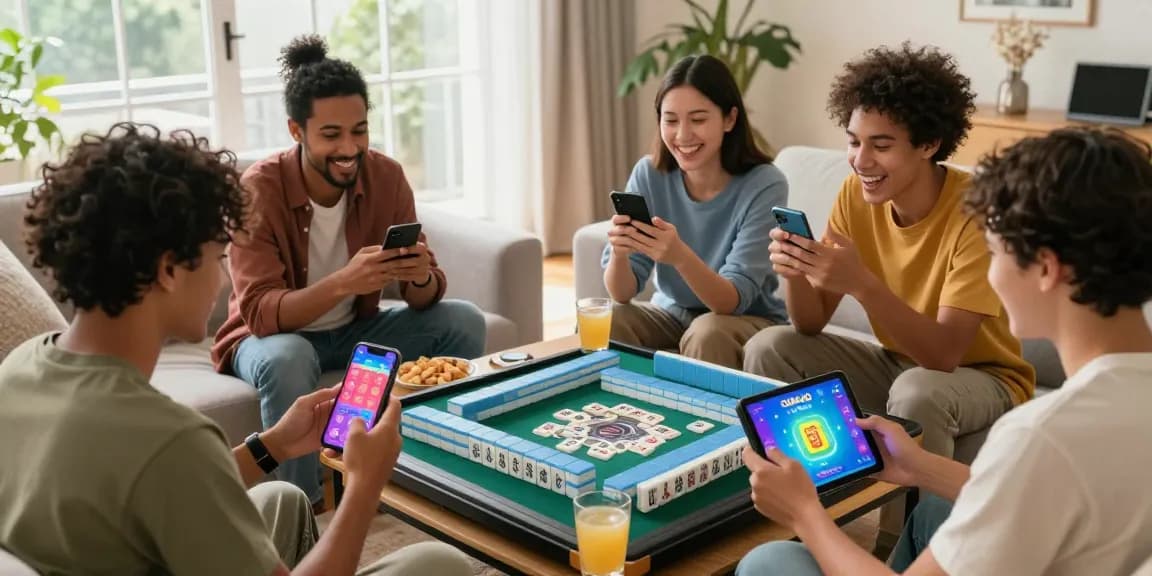 Friends engaging in a lively Mahjong game using the CIKA4D app in a cozy living room setting.