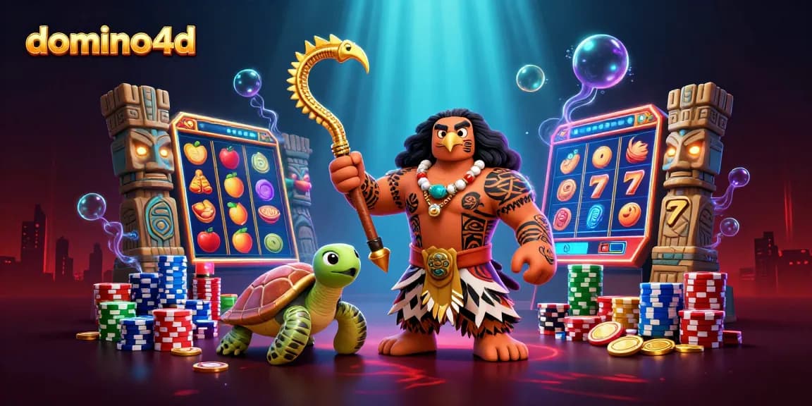 Permainan slot menarik di domino4d dengan karakter Maui dan penyu dalam ilustrasi 3D