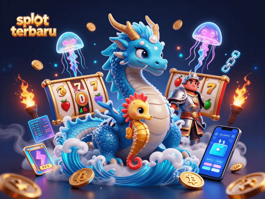 Play along vibrant slot terbaru elements with a fantastic dragon and coral knight in an exciting casino scene.